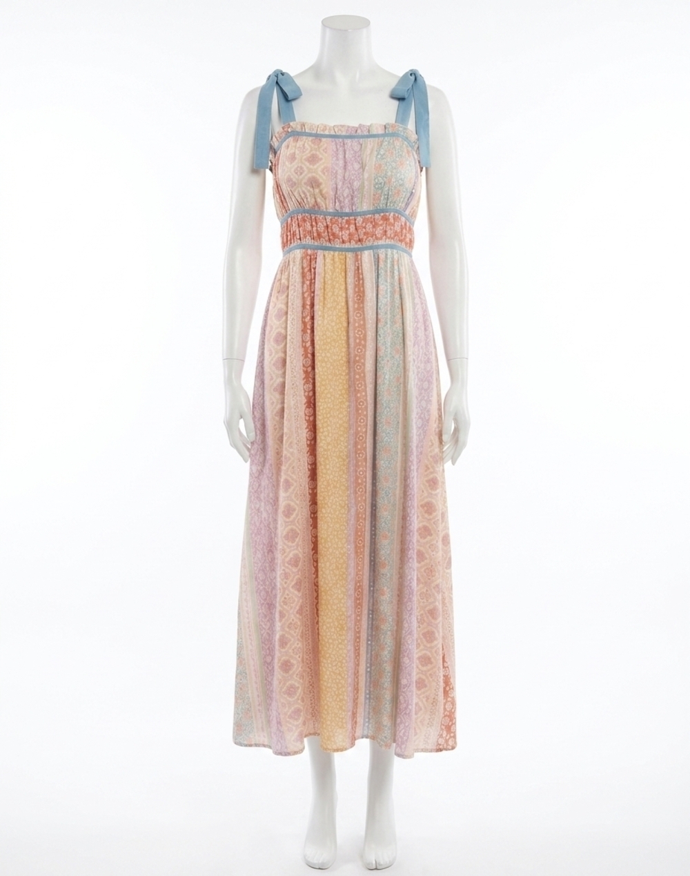 NEW DAVI & DANI denim contrast ruffle trim striped midi dress in multi
